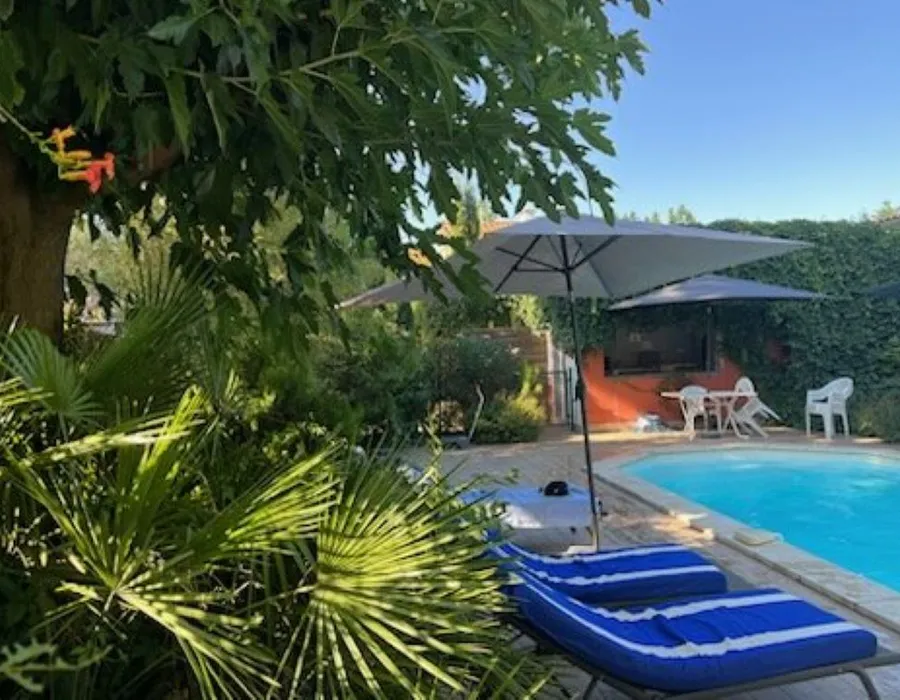 piscine ombragée et chauffée avec bar, parasol, matelas pour passer de longues vacances en camargue